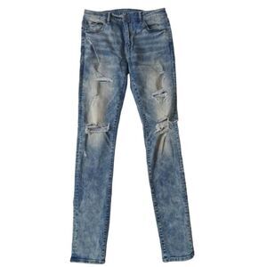 American Eagle X Young Money Blue Stacked Distressed Skinny Jeans Men's 33x32
